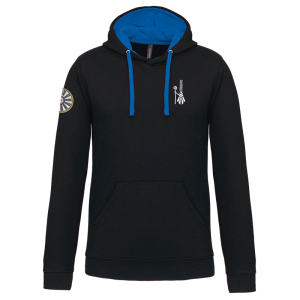 TT.K446 sweat noir et bleu a capuche logo bigoudène coeur/ logo region 2 bras gauche / logo TRF bras droit