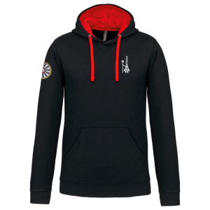 TT.K446 sweat noir et rouge a capuche / logo dos / logo coeur bigoudène / logo TRF au bras