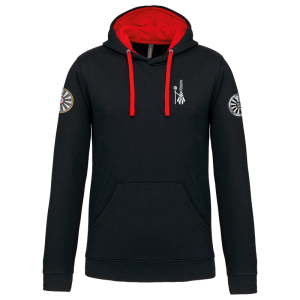 TT.K446 sweat noir et rouge a capuche logo bigoudène coeur/ logo region 2 bras gauche / logo TRF bras droit