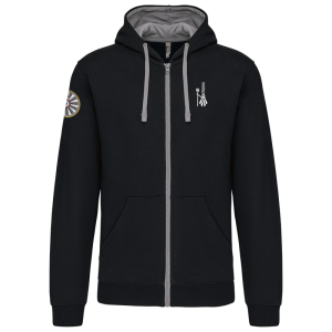 TT.K466 Sweat-shirt zippé capuche contrastée couleur noir/gris broderie coeur bigoudène /broderie manche droite logo TRF