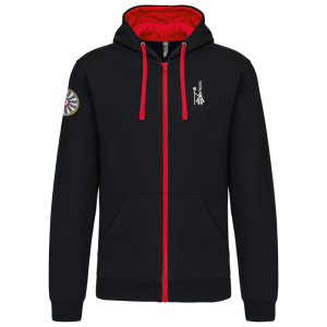 TT.K466 Sweat-shirt zippé capuche contrastée couleur noir/rouge broderie coeur bigoudène /broderie manche droite logo TRF