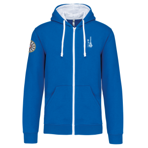 TT.K466 Sweat-shirt zippé capuche contrastée couleur bleu/blanc broderie coeur bigoudène /broderie manche droite logo TRF