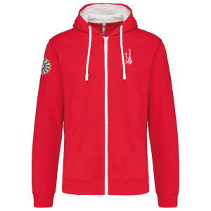 TT.K466 Sweat-shirt zippé capuche contrastée couleur rouge/blanc broderie coeur bigoudène /broderie manche droite logo TRF